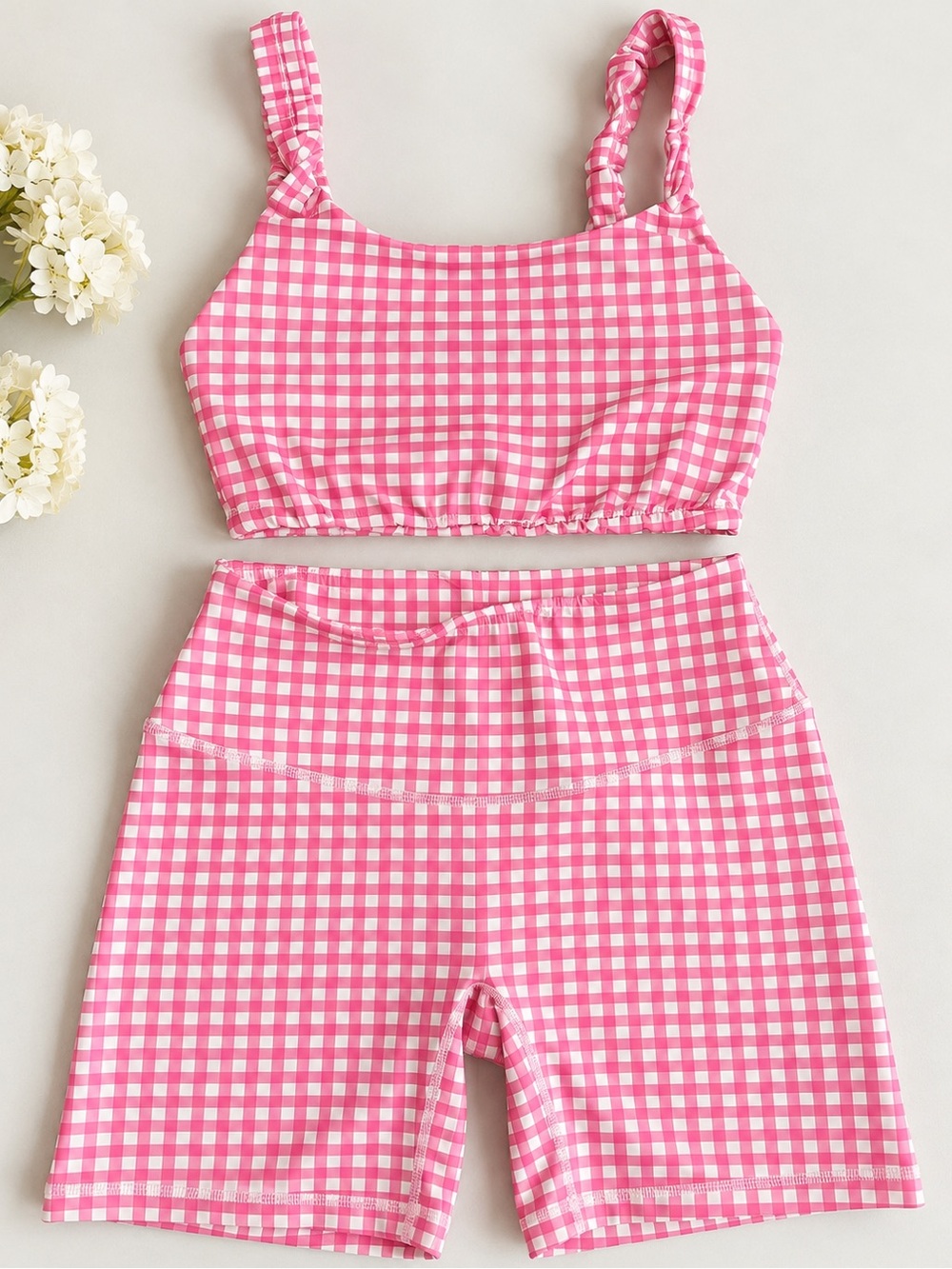 Pink White Gingham Two Piece Activewear Set Biker Shorts & Crop Top Medium